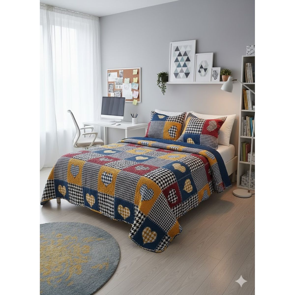 GENERICO - CUBRECAMA ALGODON  1.5 PLAZA  CORAZON CUADRO MULTICOLOR QUILT DN