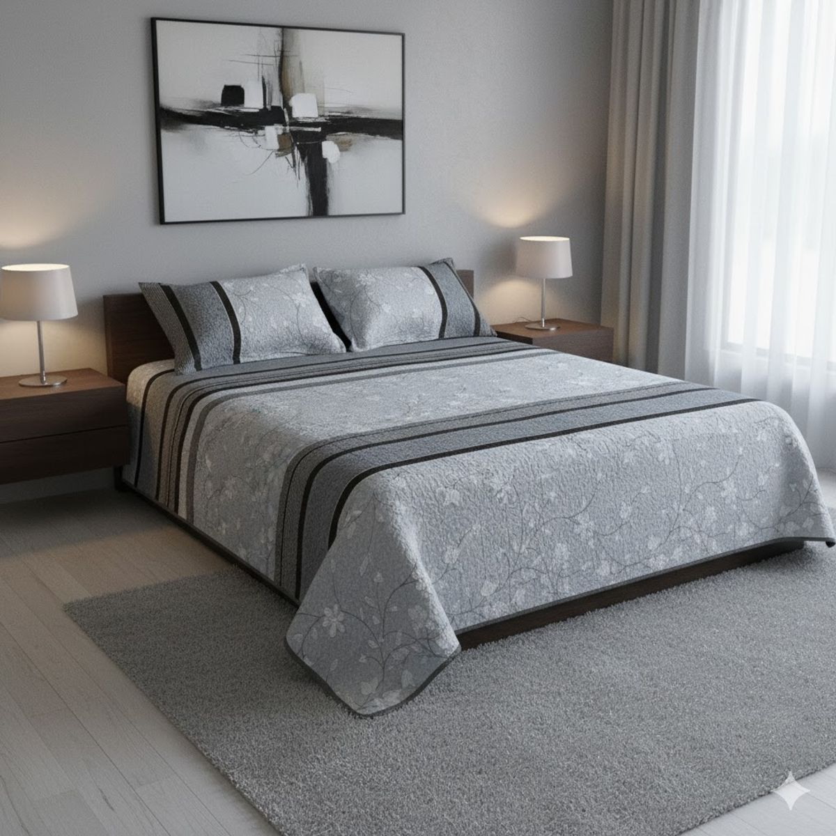 GENERICO - CUBRECAMA ALGODON  1.5 PLAZA  GRIS DISEÑO MODERNO DE VERANO QUILT DN