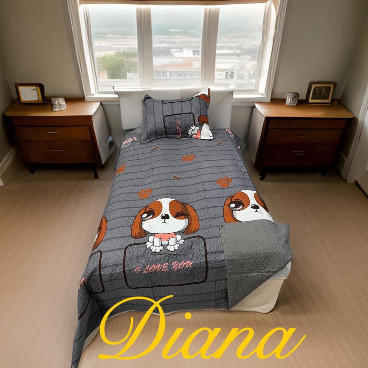 GENERICO - CUBRECAMA ALGODON  1.5 PLAZA  GRIS PERRITO LOVE YOU QUILT DN