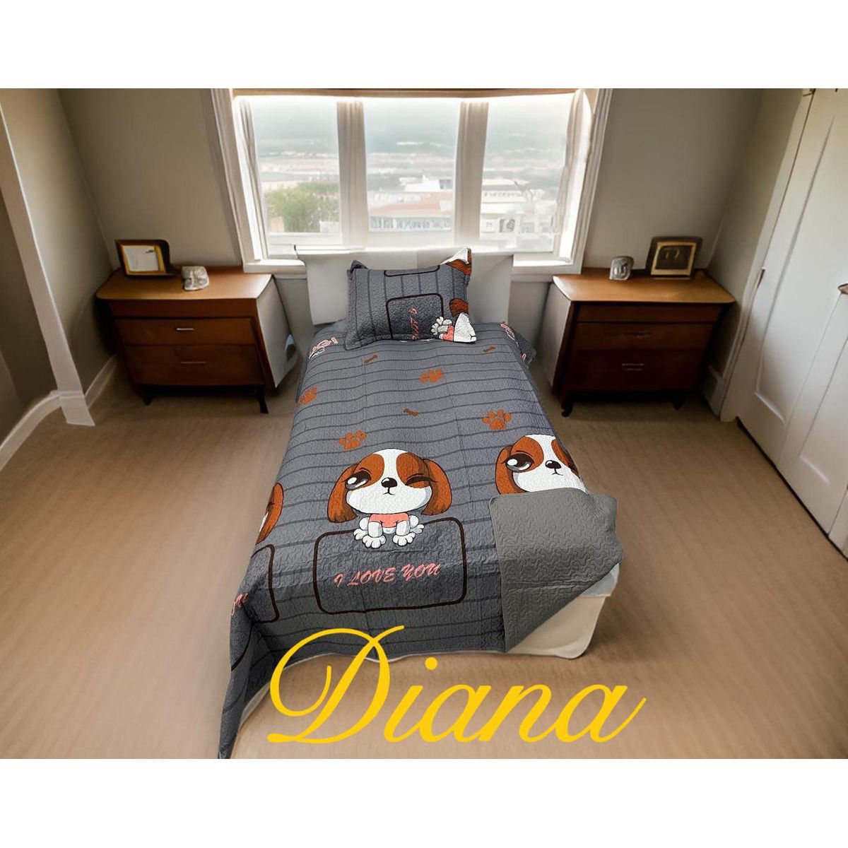 GENERICO - CUBRECAMA ALGODON  1.5 PLAZA  GRIS PERRITO LOVE YOU QUILT DN