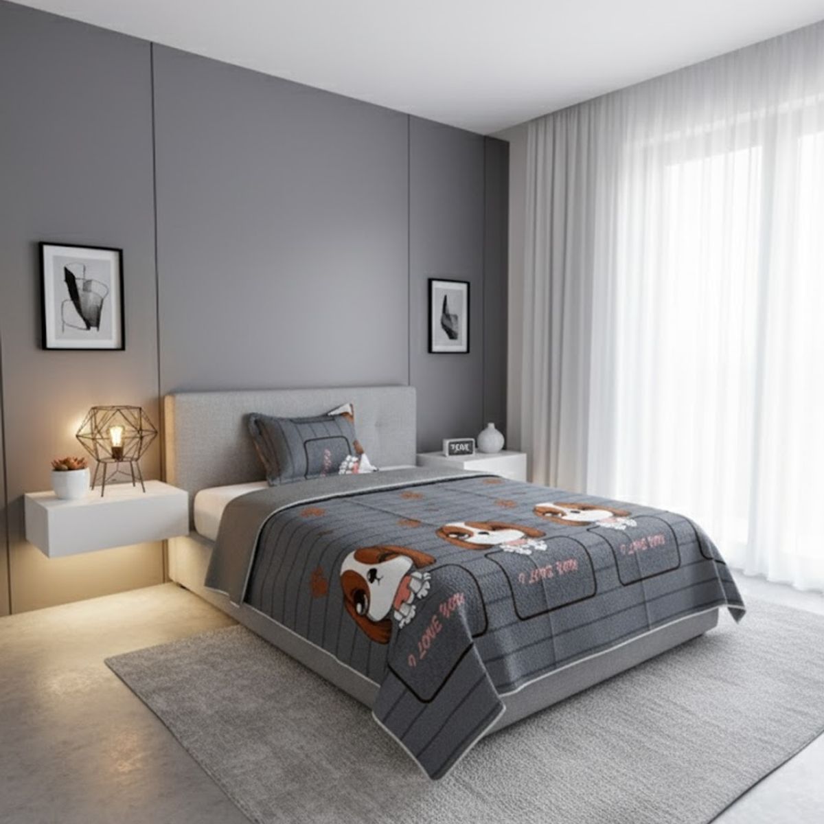 GENERICO - CUBRECAMA ALGODON  1.5 PLAZA  GRIS PERRITO LOVE YOU QUILT DN