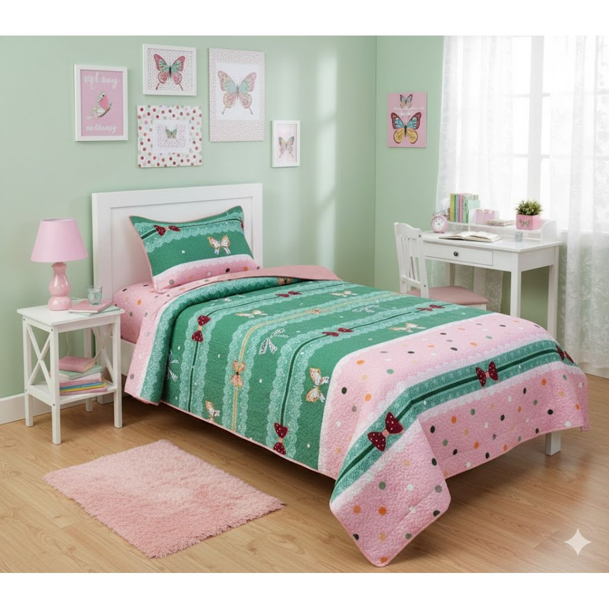 GENERICO - CUBRECAMA ALGODON  1.5 PLAZA  FRANJAS DE LAZOS VERANO QUILT DN