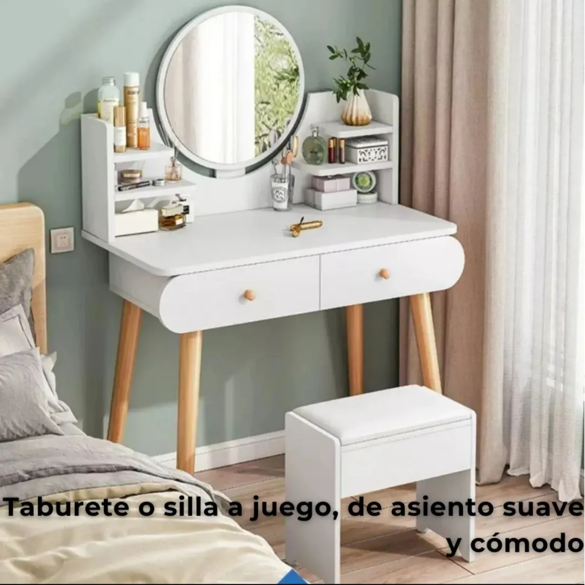 MOVI - TOCADOR O MESA DE MAQUILLAJE Y PEINADO CON LUZ LED, 2 CAJONES Y ASIENTO