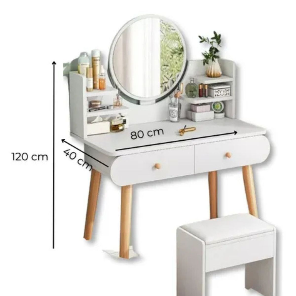 MOVI - TOCADOR O MESA DE MAQUILLAJE Y PEINADO CON LUZ LED, 2 CAJONES Y ASIENTO