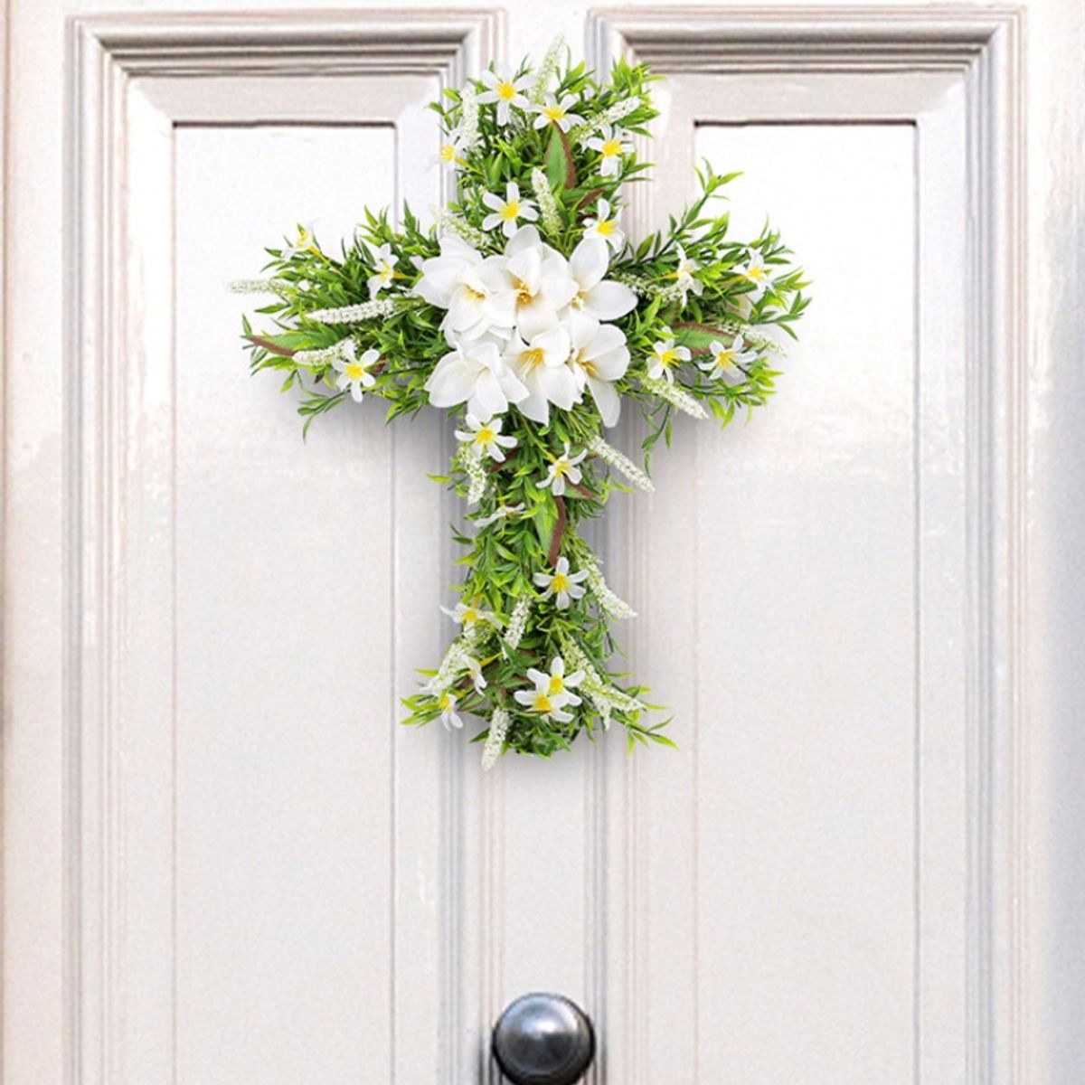 GANGLIAN - Cruz Decorativa 50cm con Flores - Adorno para Puerta Pared y Exteriores Regalo Hogar