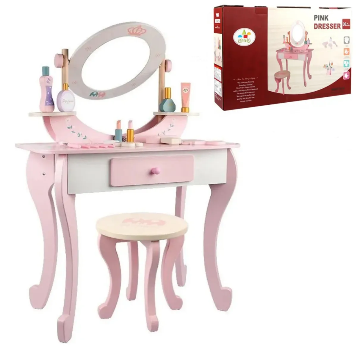 KUANGYE - Tocador de Juguete Salón de Belleza para Niñas Vanity Set con EspejoBanco y Accesorios de Madera