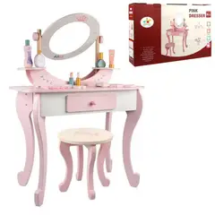 KUANGYE - Tocador de Juguete Salón de Belleza para Niñas Vanity Set con EspejoBanco y Accesorios de Madera