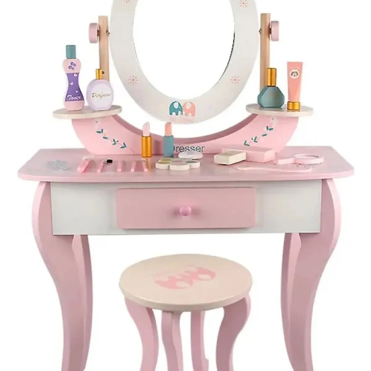 KUANGYE - Tocador de Juguete Salón de Belleza para Niñas Vanity Set con EspejoBanco y Accesorios de Madera