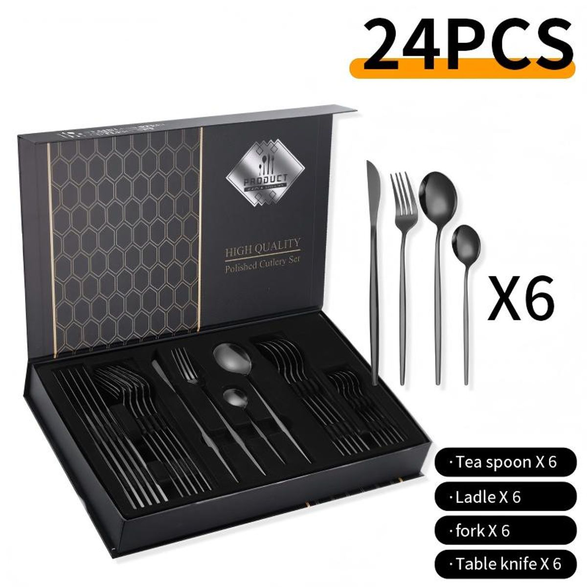 UMEXUS - Set Cubiertos Acero Inoxidable Elegante 24pcs Color Negro