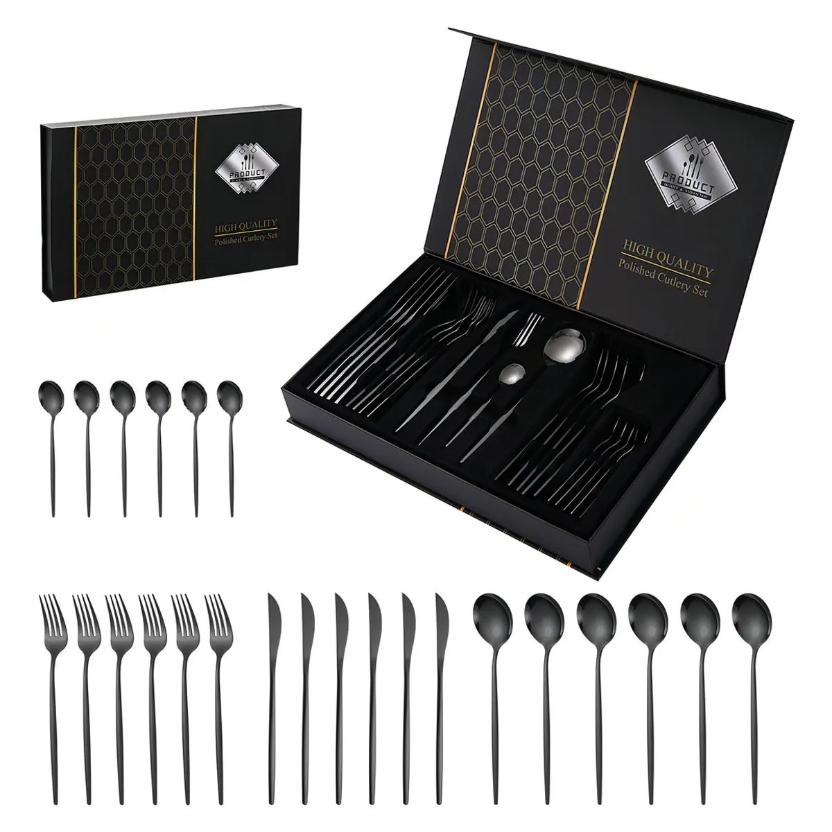 UMEXUS - Set Cubiertos Acero Inoxidable Elegante 24pcs Color Negro