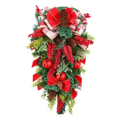GANGLIAN - Árbol Invertido Navideño 50cm con Cintas y Campanas - Decoración para Puerta y Pared con Lazo y Follaje