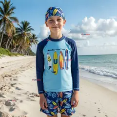JUMP KIDS - Traje De Baño Manga Larga, Pantalón Corto y Gorro de Baño Niño de 3 a 11 años Surfboard