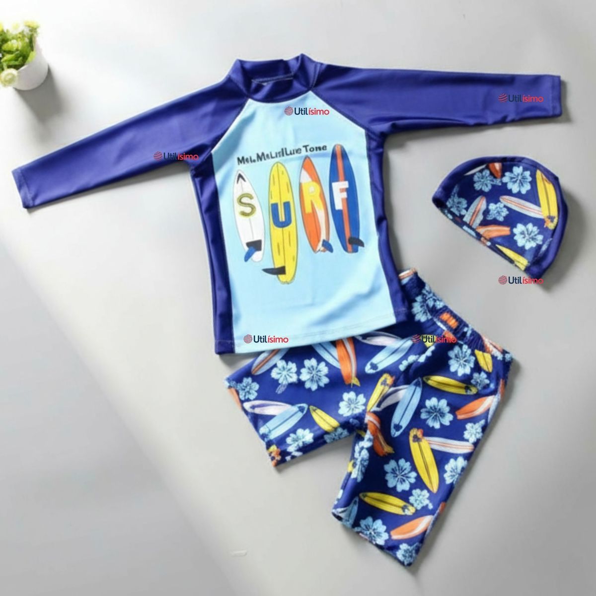 JUMP KIDS - Traje De Baño Manga Larga, Pantalón Corto y Gorro de Baño Niño de 3 a 11 años Surfboard