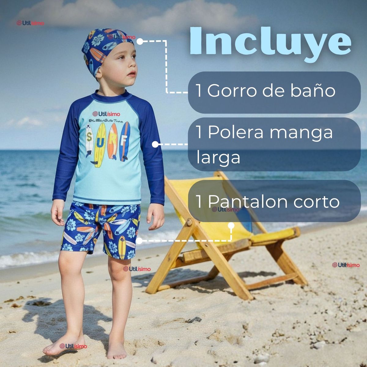 JUMP KIDS - Traje De Baño Manga Larga, Pantalón Corto y Gorro de Baño Niño de 3 a 11 años Surfboard