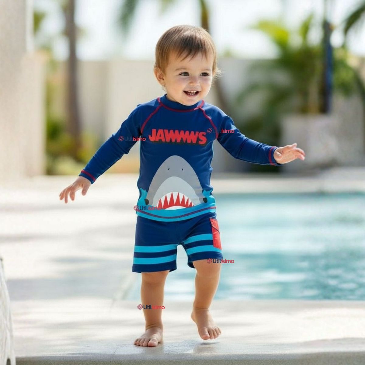 JUMP KIDS - Traje De Baño 2 piezas Manga Larga y Pantalón Corto Niño de 3 a 11 años Blue Shark