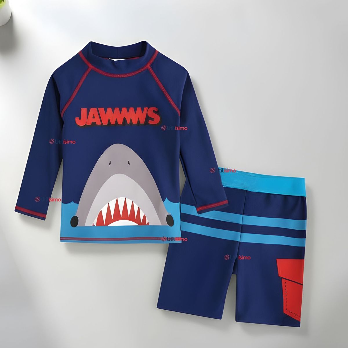 JUMP KIDS - Traje De Baño 2 piezas Manga Larga y Pantalón Corto Niño de 3 a 11 años Blue Shark