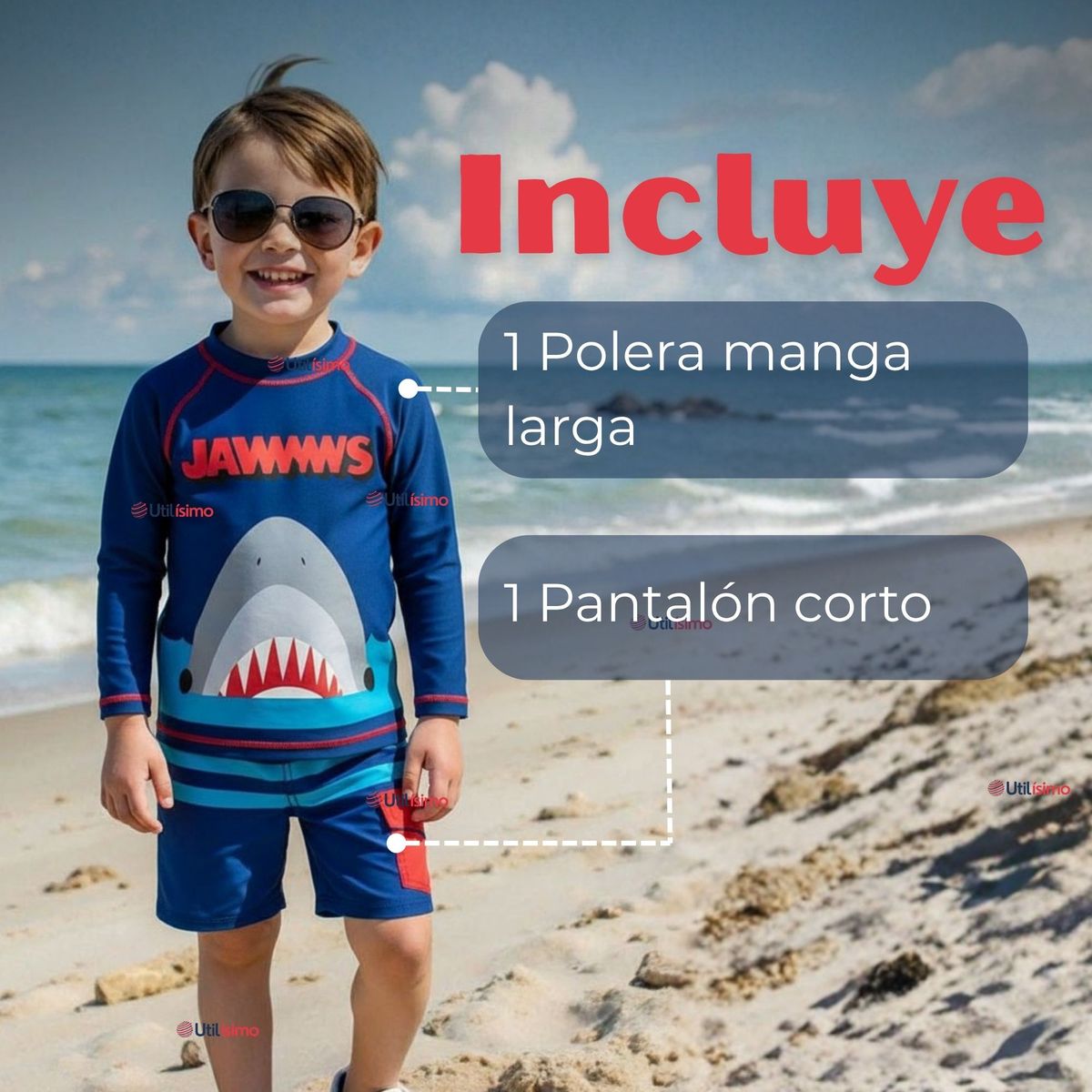 JUMP KIDS - Traje De Baño 2 piezas Manga Larga y Pantalón Corto Niño de 3 a 11 años Blue Shark