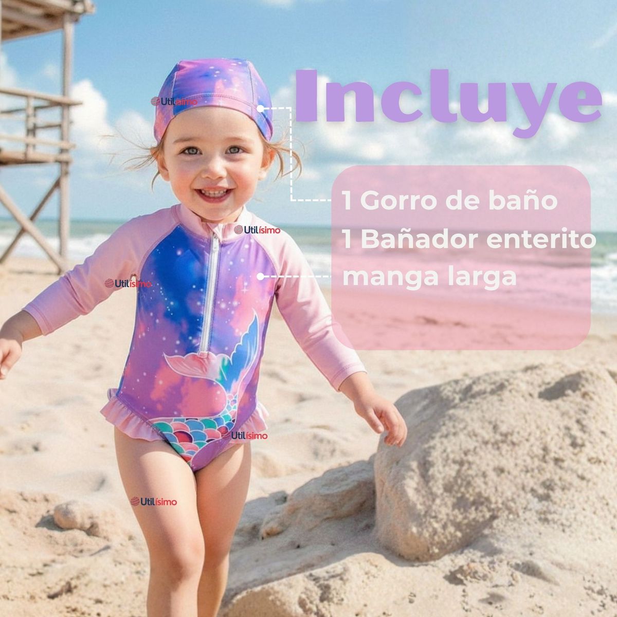 JUMP KIDS - Traje De Baño Enterito Manga Larga con Cremallera y Gorro de baño Bebe Niña Pink Mermaid