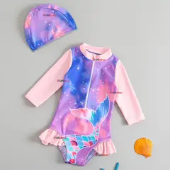 JUMP KIDS - Traje De Baño Enterito Manga Larga con Cremallera y Gorro de baño Bebe Niña Pink Mermaid