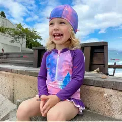 JUMP KIDS - Traje De Baño Enterito Manga Larga con Cremallera y Gorro de baño Bebe Niña Purple Mermaid