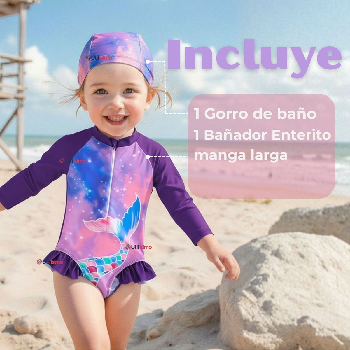 JUMP KIDS - Traje De Baño Enterito Manga Larga con Cremallera y Gorro de baño Bebe Niña Purple Mermaid