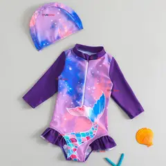JUMP KIDS - Traje De Baño Enterito Manga Larga con Cremallera y Gorro de baño Bebe Niña Purple Mermaid