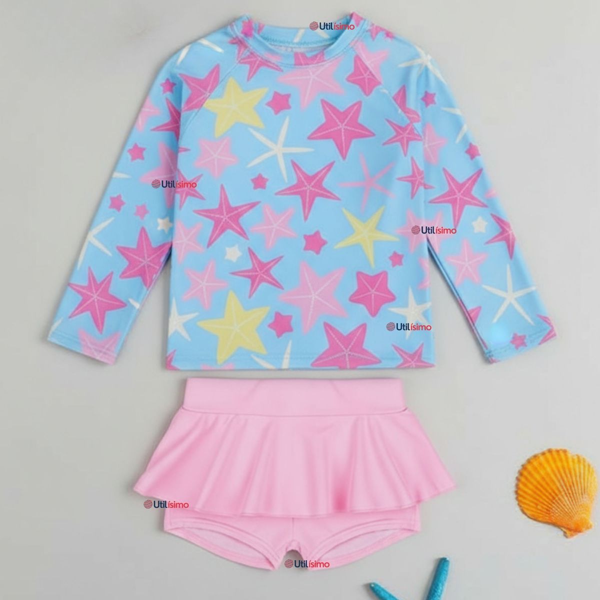 JUMP KIDS - Traje De Baño Manga Larga y Falda Short 2 Piezas Niña de 2 a 7 años Starfish
