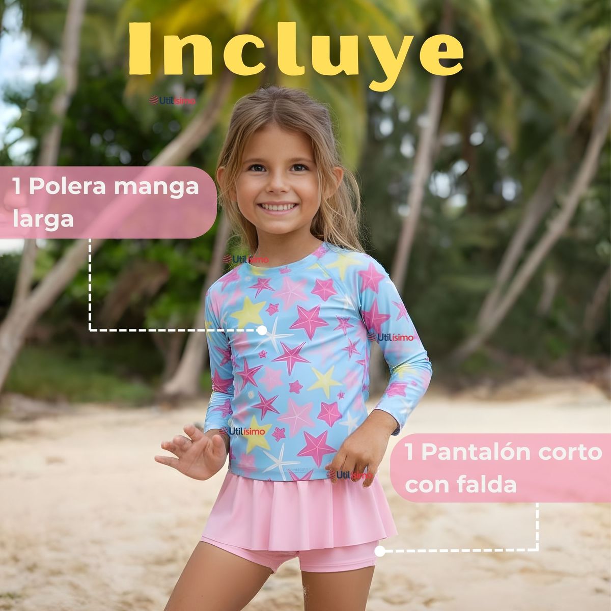 JUMP KIDS - Traje De Baño Manga Larga y Falda Short 2 Piezas Niña de 2 a 7 años Starfish