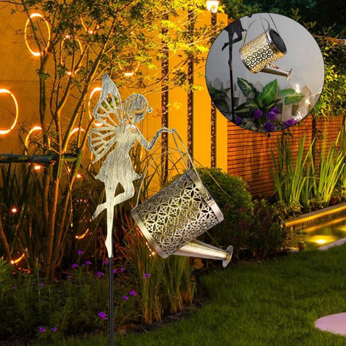 GENERICO - Luz Solar Decorativa de Jardín con forma de hada que Sostiene una Regadera 