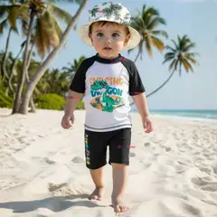 JUMP KIDS - Traje de Baño Manga Corta y Pantalón Corto 2 Piezas Corte Split Niño 3 a 9 años Black Dinosaur