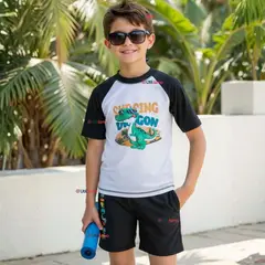 JUMP KIDS - Traje de Baño Manga Corta y Pantalón Corto 2 Piezas Corte Split Niño 3 a 9 años Black Dinosaur