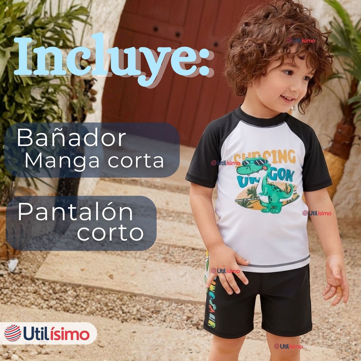 JUMP KIDS - Traje de Baño Manga Corta y Pantalón Corto 2 Piezas Corte Split Niño 3 a 9 años Black Dinosaur