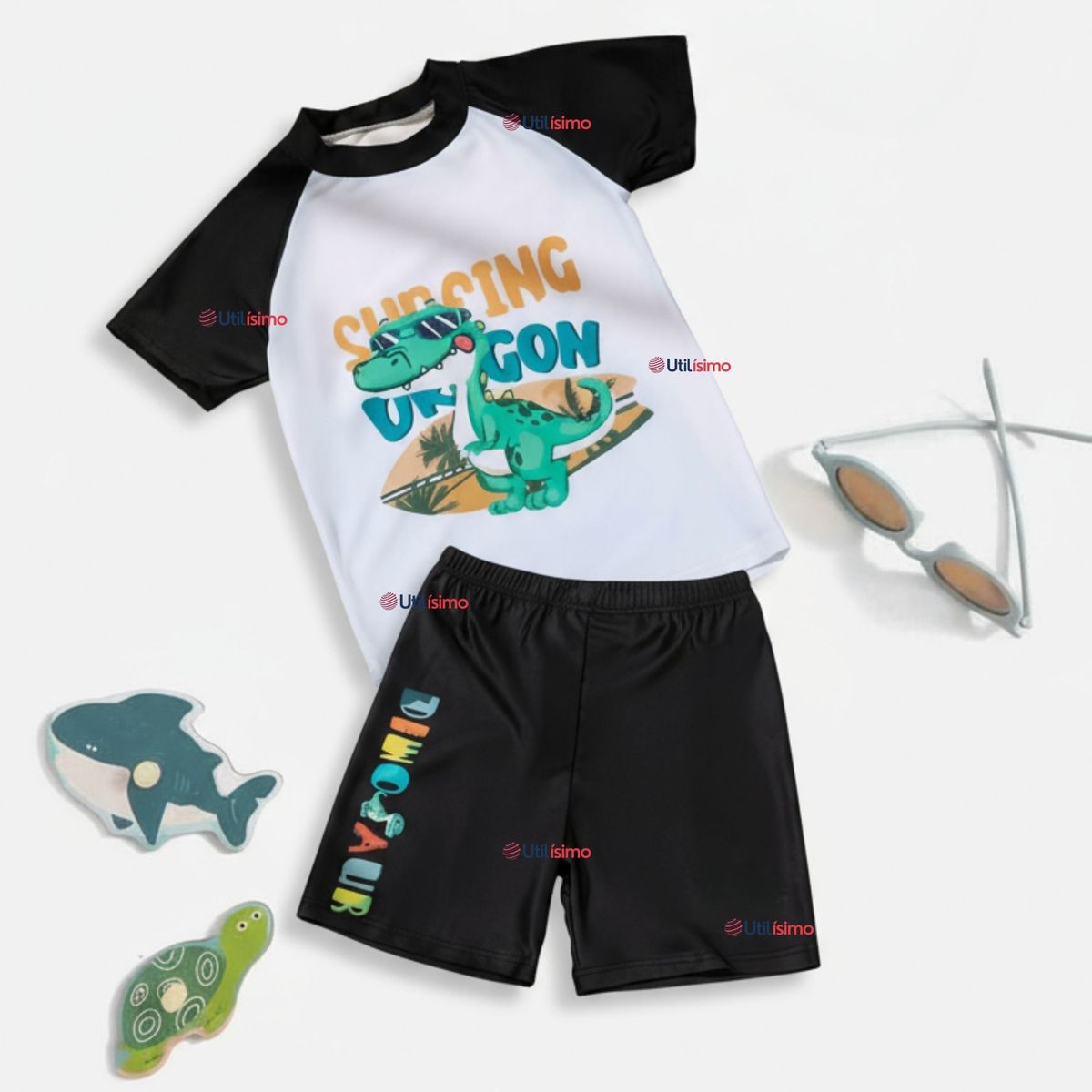 JUMP KIDS - Traje de Baño Manga Corta y Pantalón Corto 2 Piezas Corte Split Niño 3 a 9 años Black Dinosaur