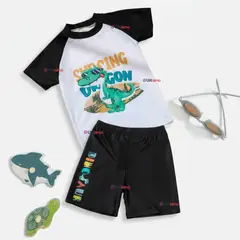 JUMP KIDS - Traje de Baño Manga Corta y Pantalón Corto 2 Piezas Corte Split Niño 3 a 9 años Black Dinosaur