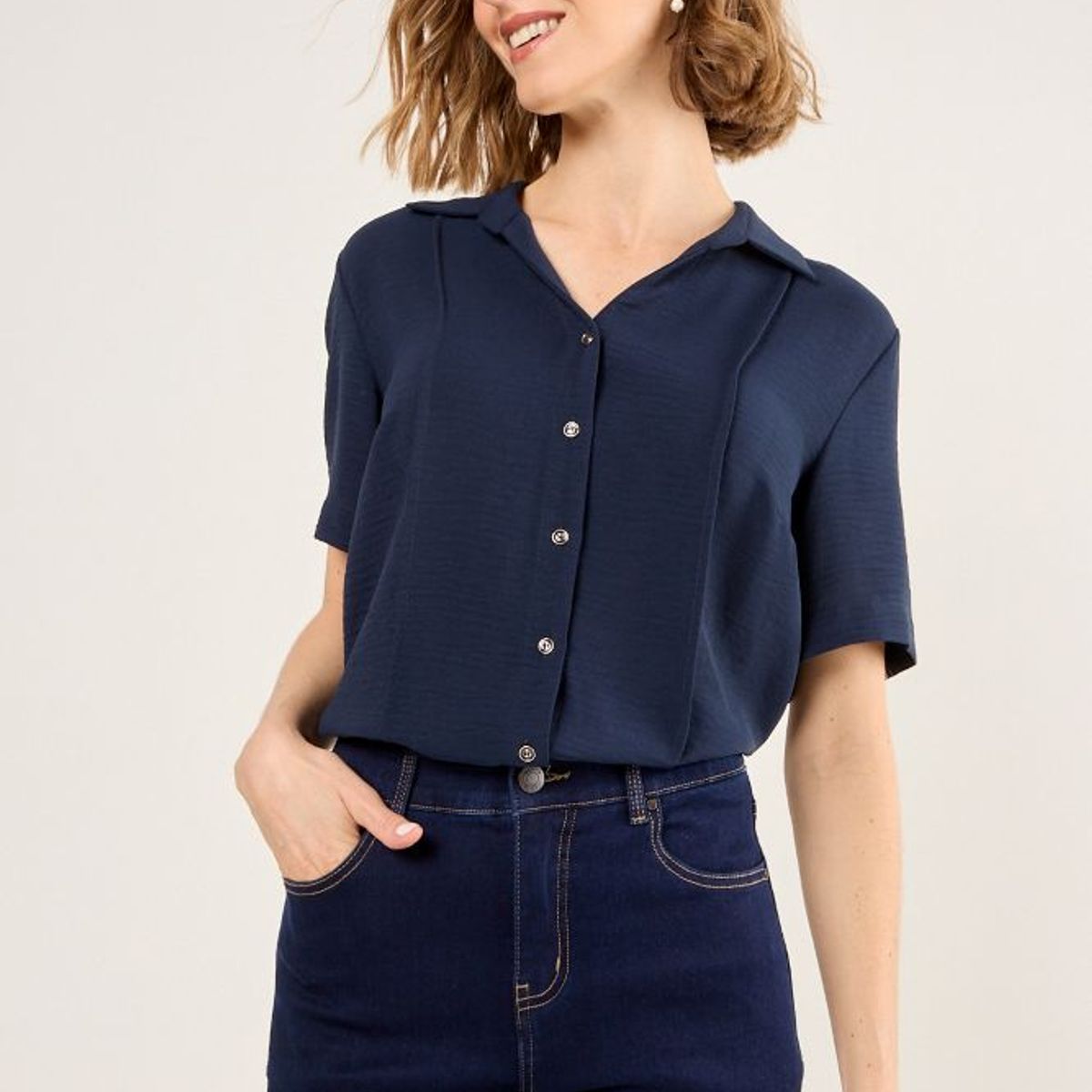 MA GRIFFE - Blusa Camisera Mujer Azul Marino Magriffe