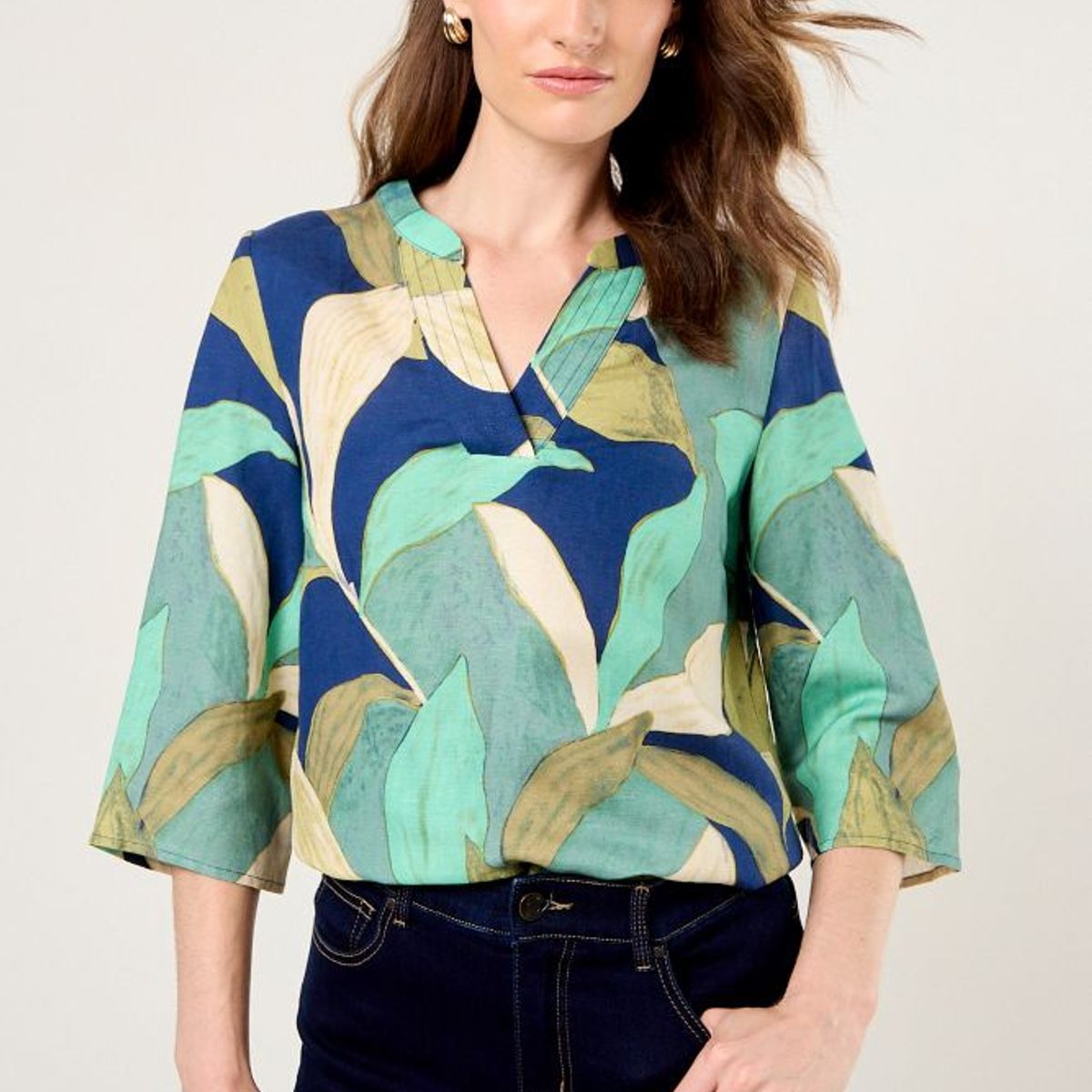 MA GRIFFE - Blusa Lino Estampado Mujer Azul Marino Magriffe