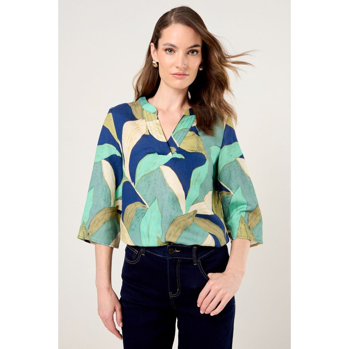 MA GRIFFE - Blusa Lino Estampado Mujer Azul Marino Magriffe