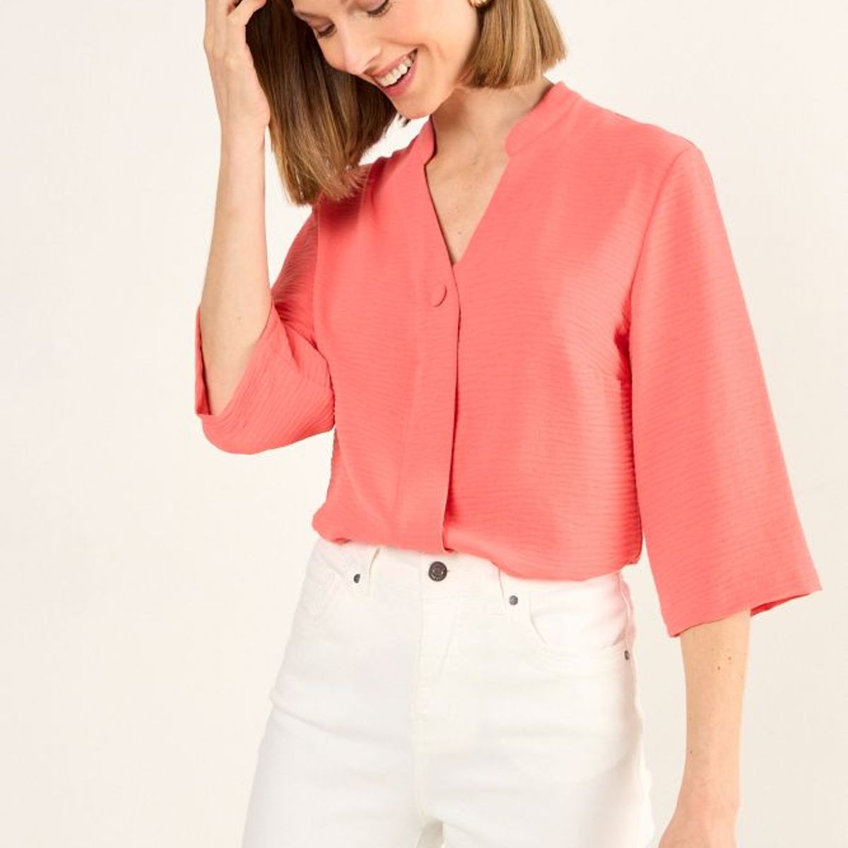 MA GRIFFE - Blusa Cuello Mao Mujer Coral Magriffe