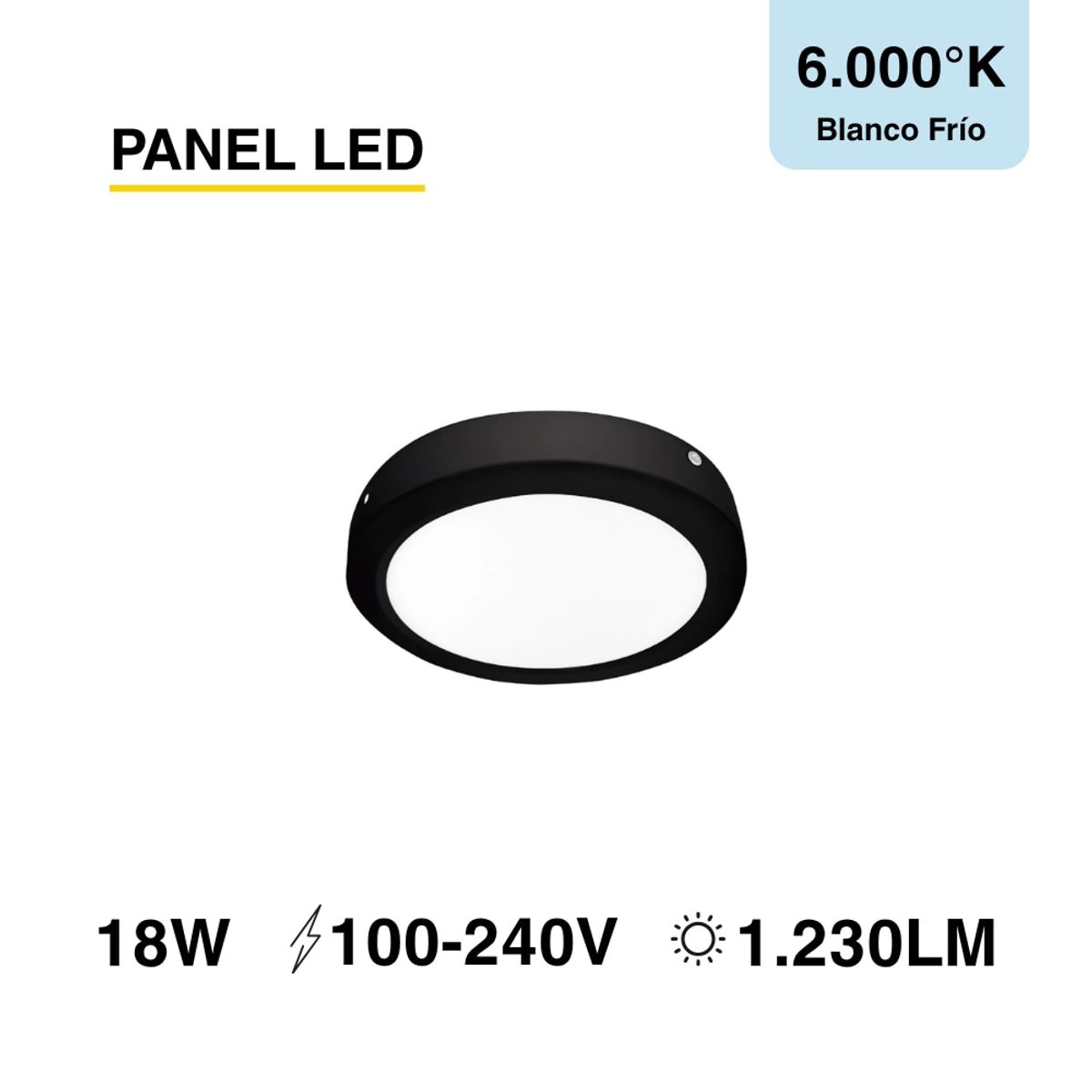 DEMASLED - Panel LED Redondo Negro 22cm 18W 1230lm Blanco Frío Sobrepuesto