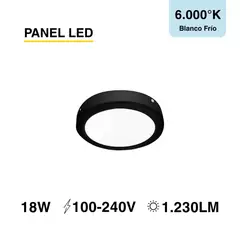 DEMASLED - Panel LED Redondo Negro 22cm 18W 1230lm Blanco Frío Sobrepuesto