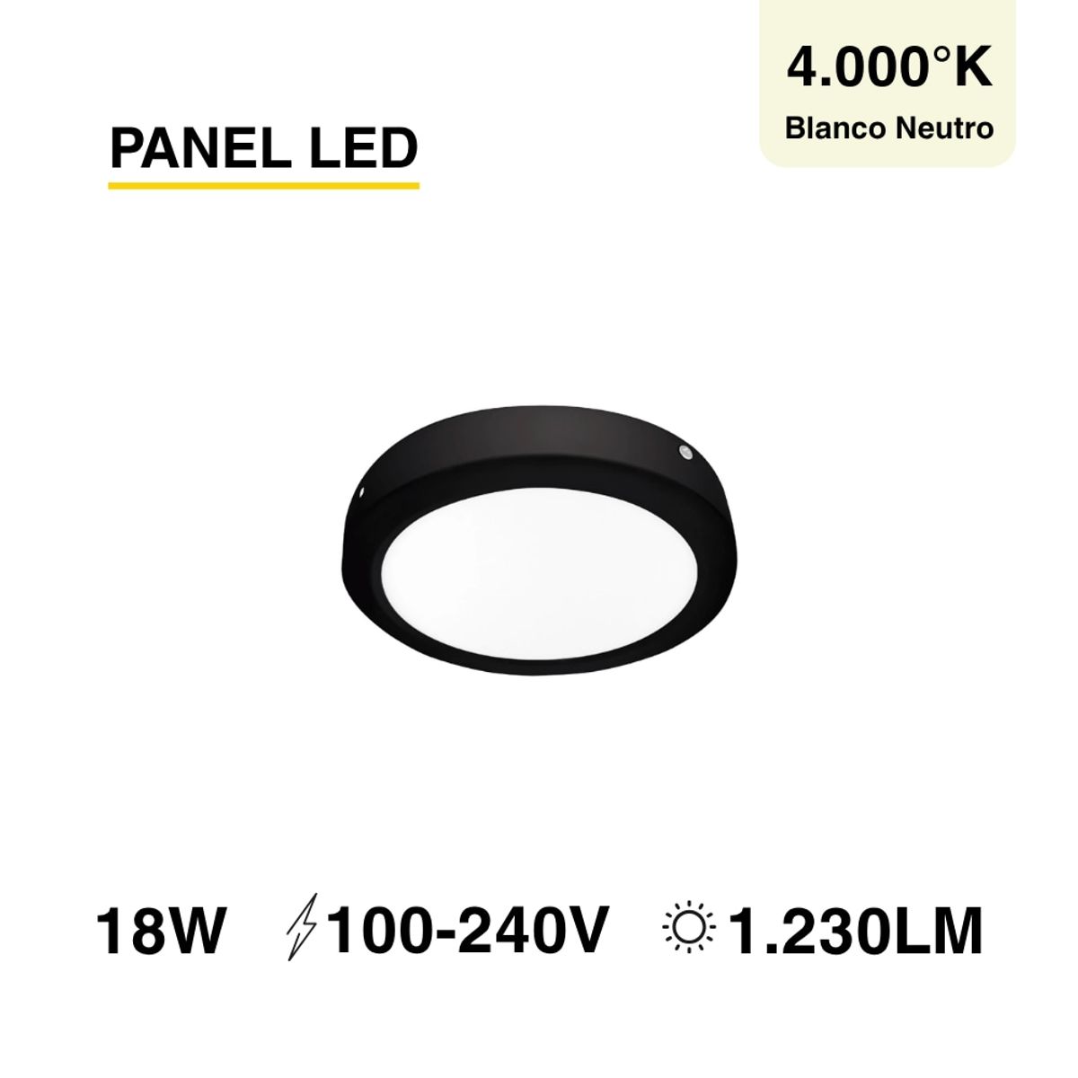 DEMASLED - Panel LED Redondo Negro 22cm 18W 1440lm Blanco Neutro Sobrepuesto