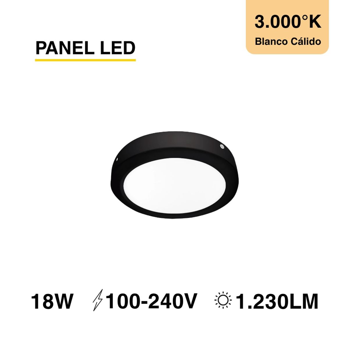 Panel LED Redondo Negro 22cm 18W 1230lm Blanco Cálido Sobrepuesto, marca DEMASLED - Foto Principal