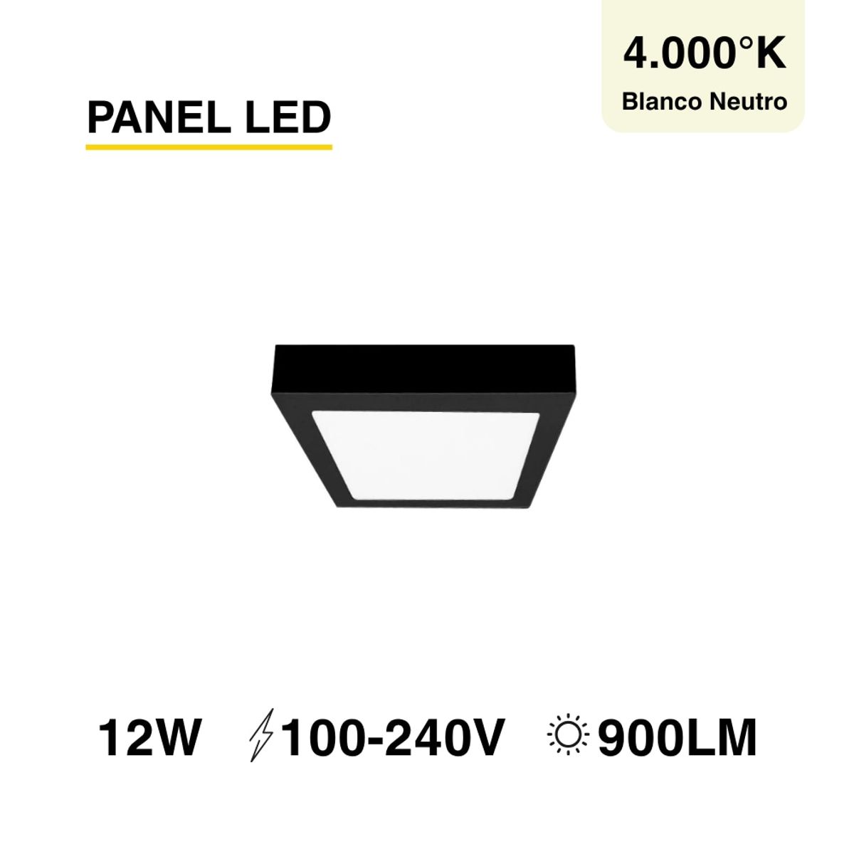 DEMASLED - Panel LED Cuadrado Negro 17x17cm, 12W 820lm Neutro, Sobrepuesto