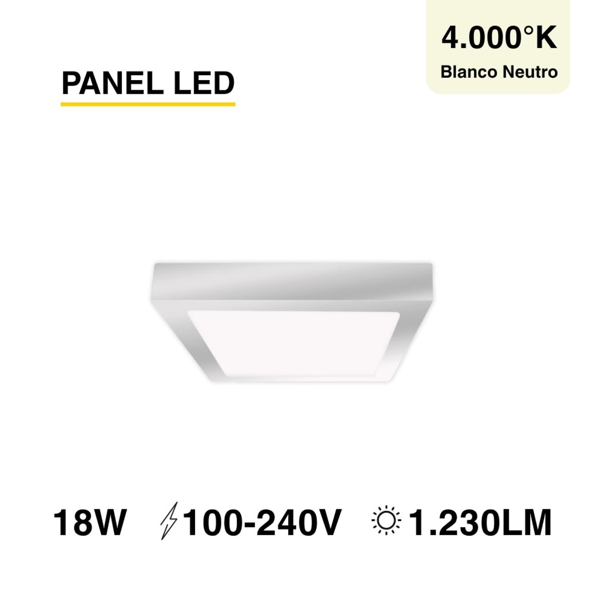 Panel LED Cuadrado Níquel 22x22cm 18W 1440lm Neutro Sobrepuesto, marca DEMASLED - Foto Principal