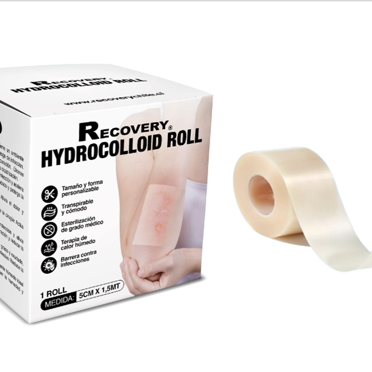 RECOVERY - Rollo Hidrocoloide Cuidado Heridas, Ampollas, Acné 5cm x 1,5 mt