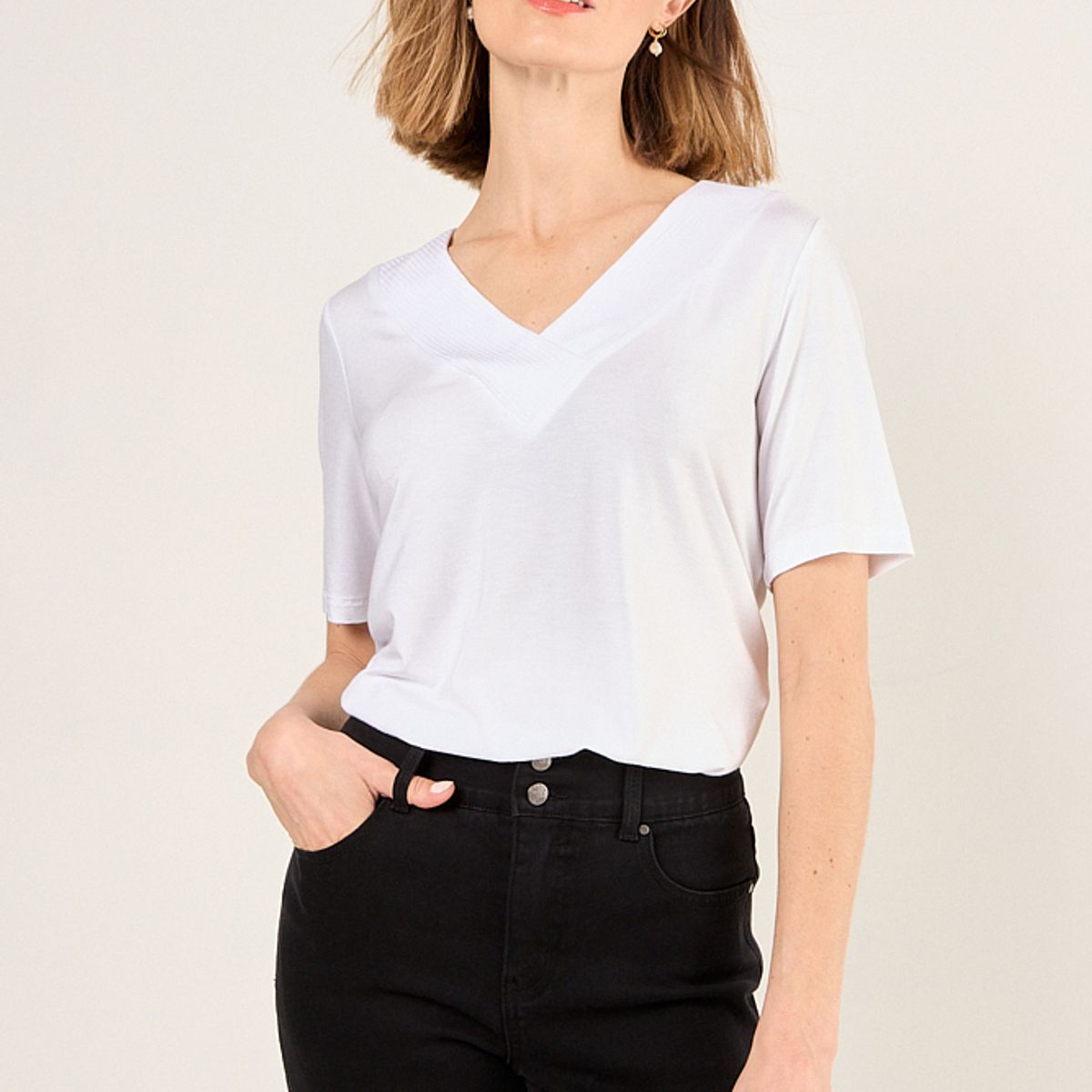 MA GRIFFE - Polera Escote En V Mujer Blanco Magriffe