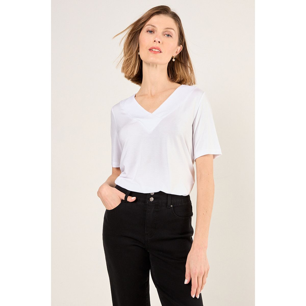 MA GRIFFE - Polera Escote En V Mujer Blanco Magriffe