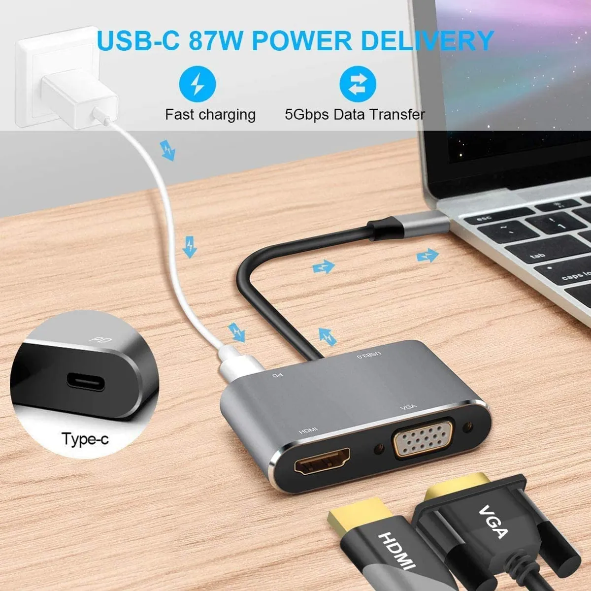 GENERICO - Hub USB-C 3.1 4 En 1 A Vga, Hdmi 4k, Usb 3.0