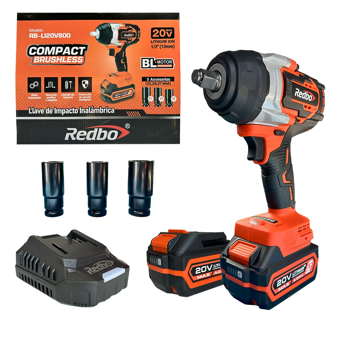 GENERICO - Llave de Impacto Inalámbrica Redbo 20V Brushless (RB-LI20V800) 800 N.m 1/2" + 2 Baterías 4.0Ah y Dados Industriales