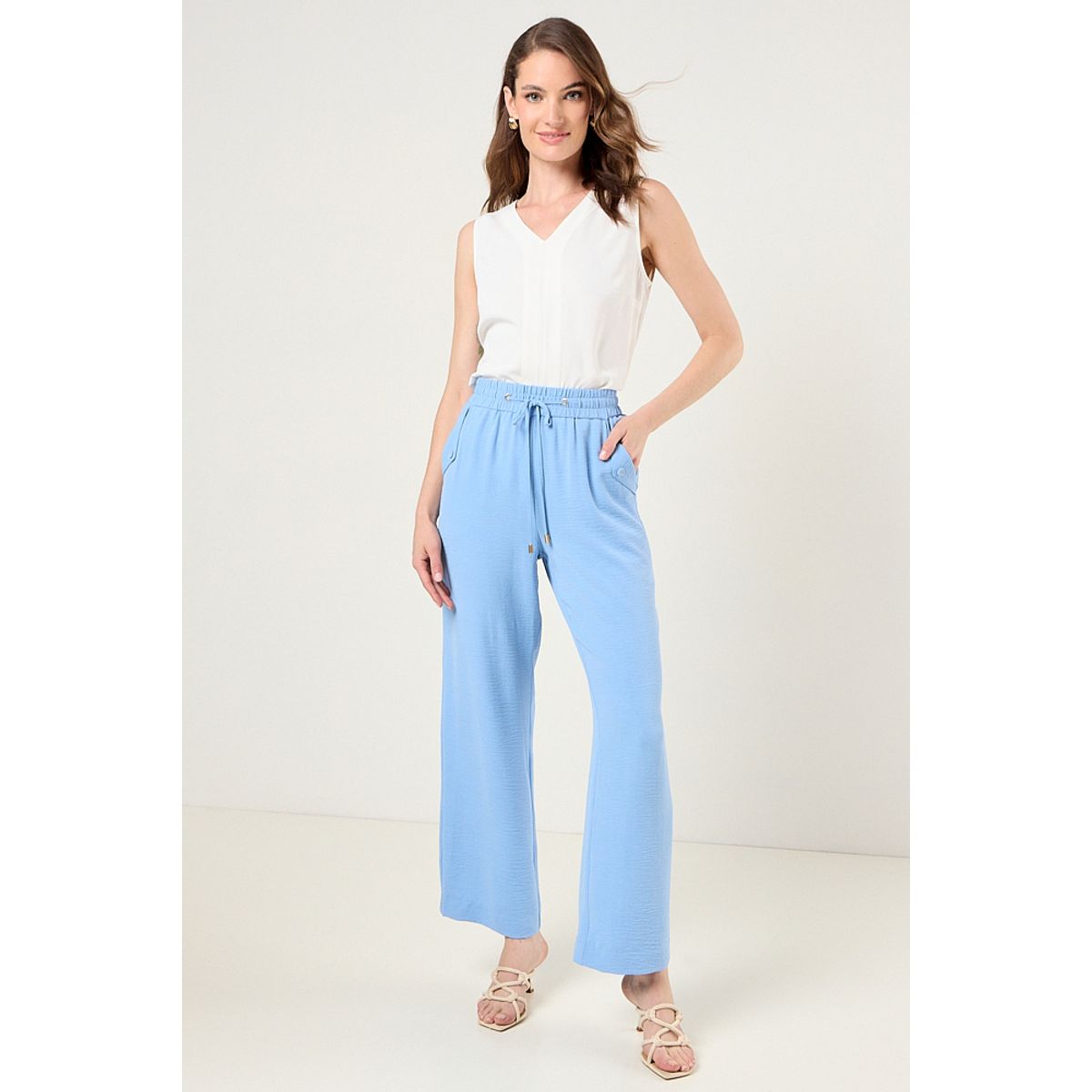 MA GRIFFE - Pantalon Con Elastico Mujer Celeste Magriffe